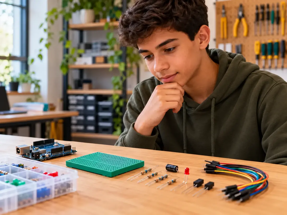 Jovem observando componentes eletrônicos