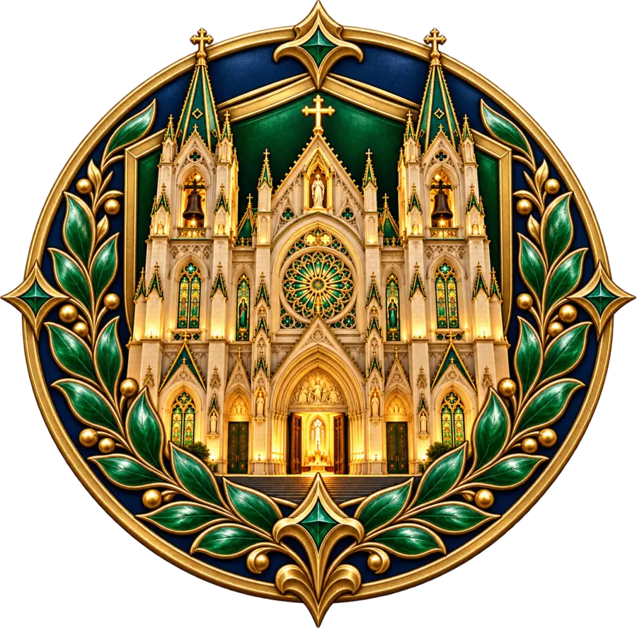 Catedral católica em medalhão com folhas reais, símbolo da Turma Levi